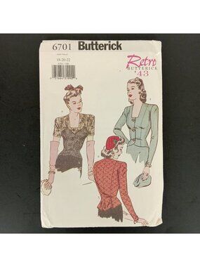Vintage Butterick 6701 Retro 1943 Misses Blouse Sewing Pattern Uncut 18-22